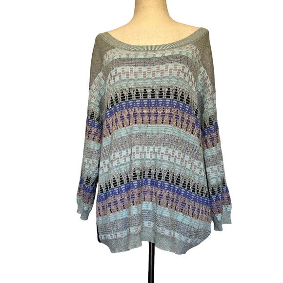 Guess Stripe Long Sleeve Womens Sweater Sz Large Hi-Low Solid Back Metallic Y2K - Picture 1 of 14